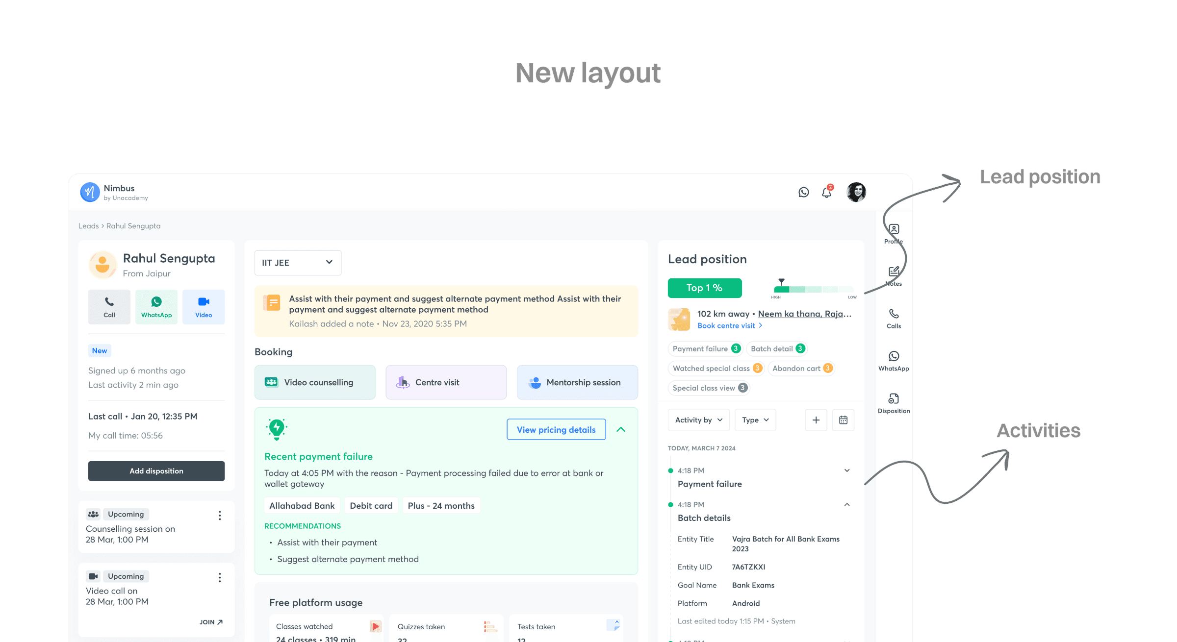 New 3-column layout annotated, pointing out the new "Lead position" and "Activities" columns