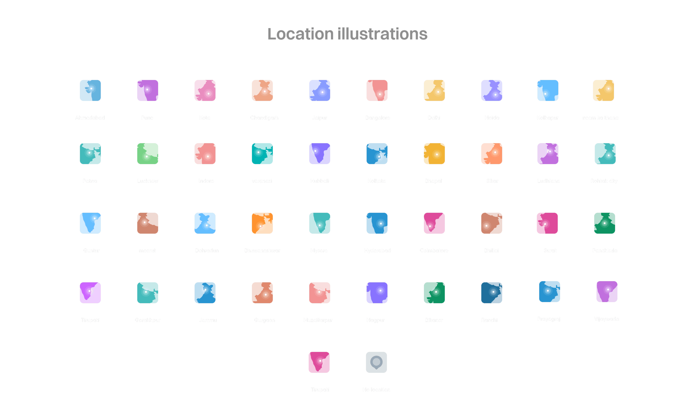 Grid of city-specific location thumbnail illustrations used for the nearest-centre indicator