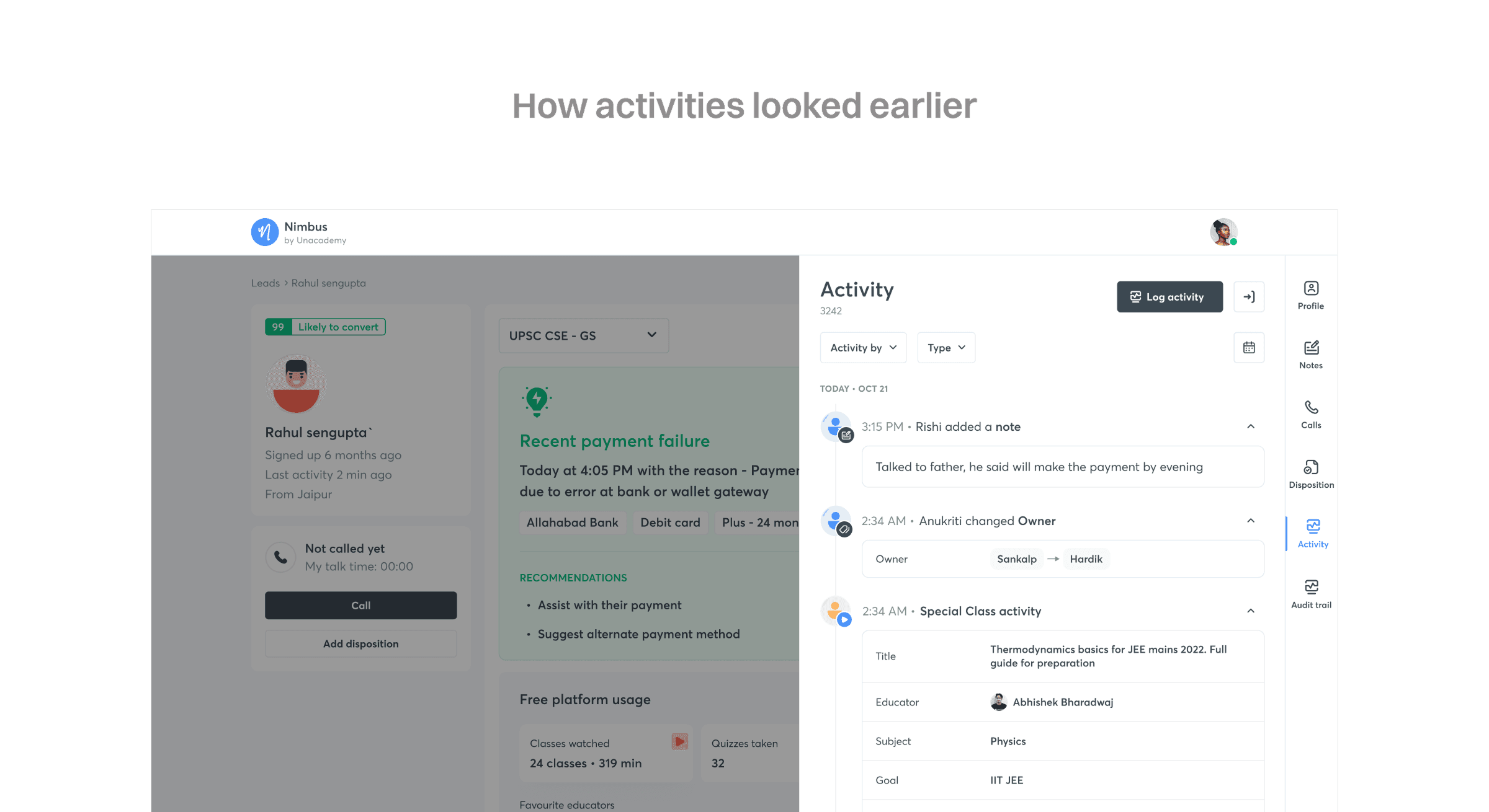 How the activity panel looked before, as a semi-transparent overlay on top of the lead page