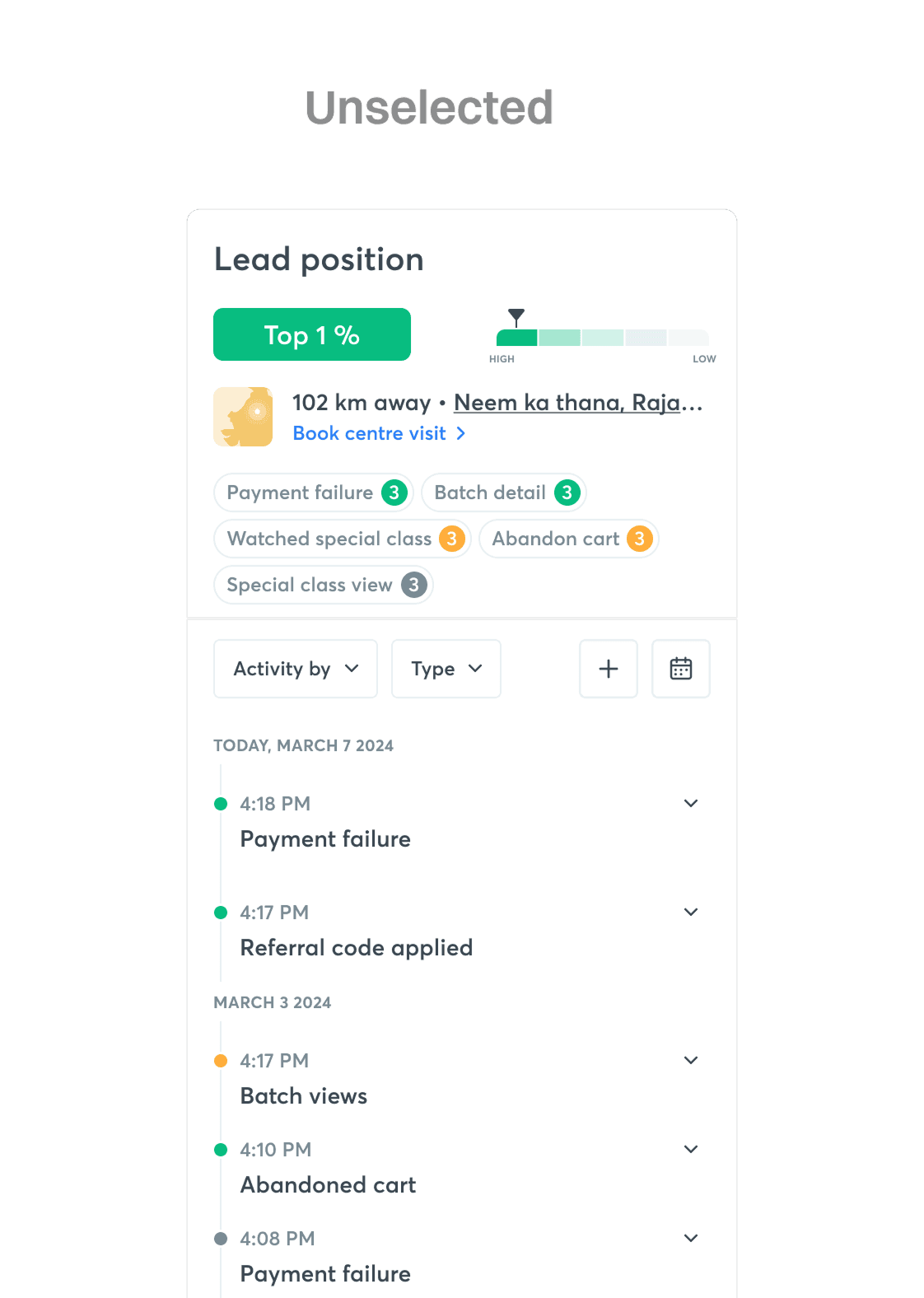 The activity panel with no filters applied, showing full chronological detail