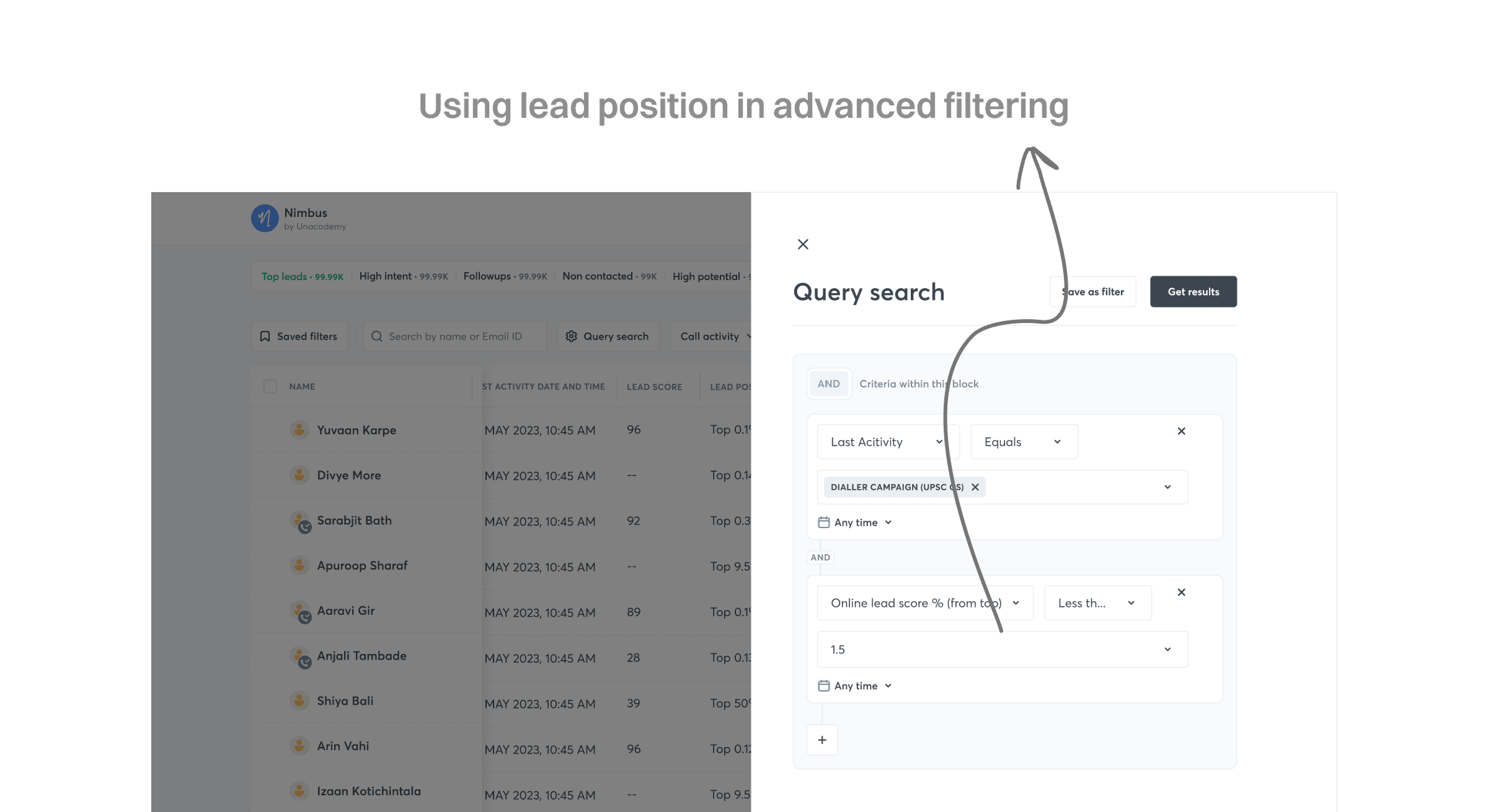 Advanced query search panel showing lead position used alongside other filter criteria