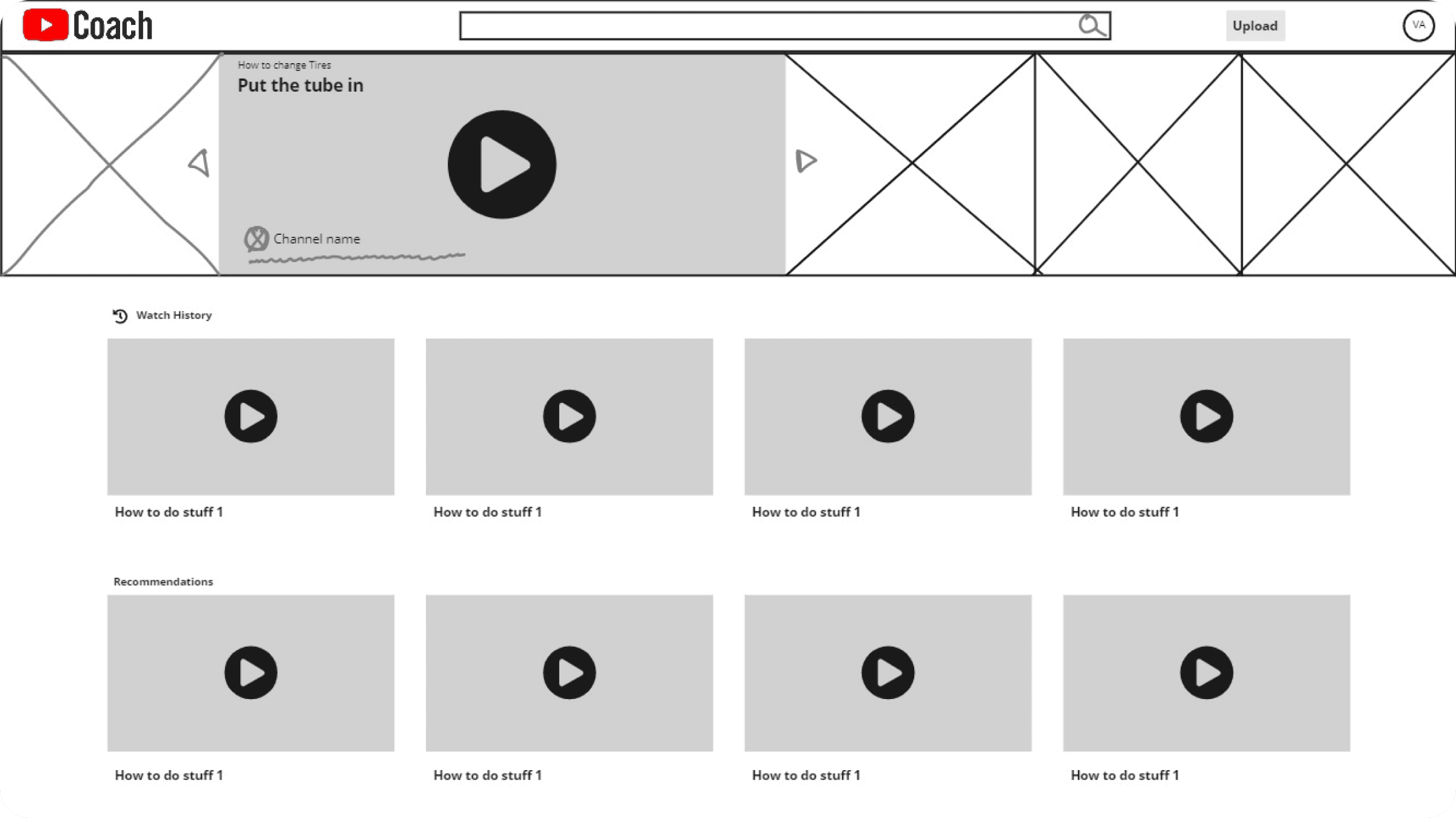 Low-fidelity wireframe of the YouTube Coach home page, with a featured video and watch history/recommendation rows