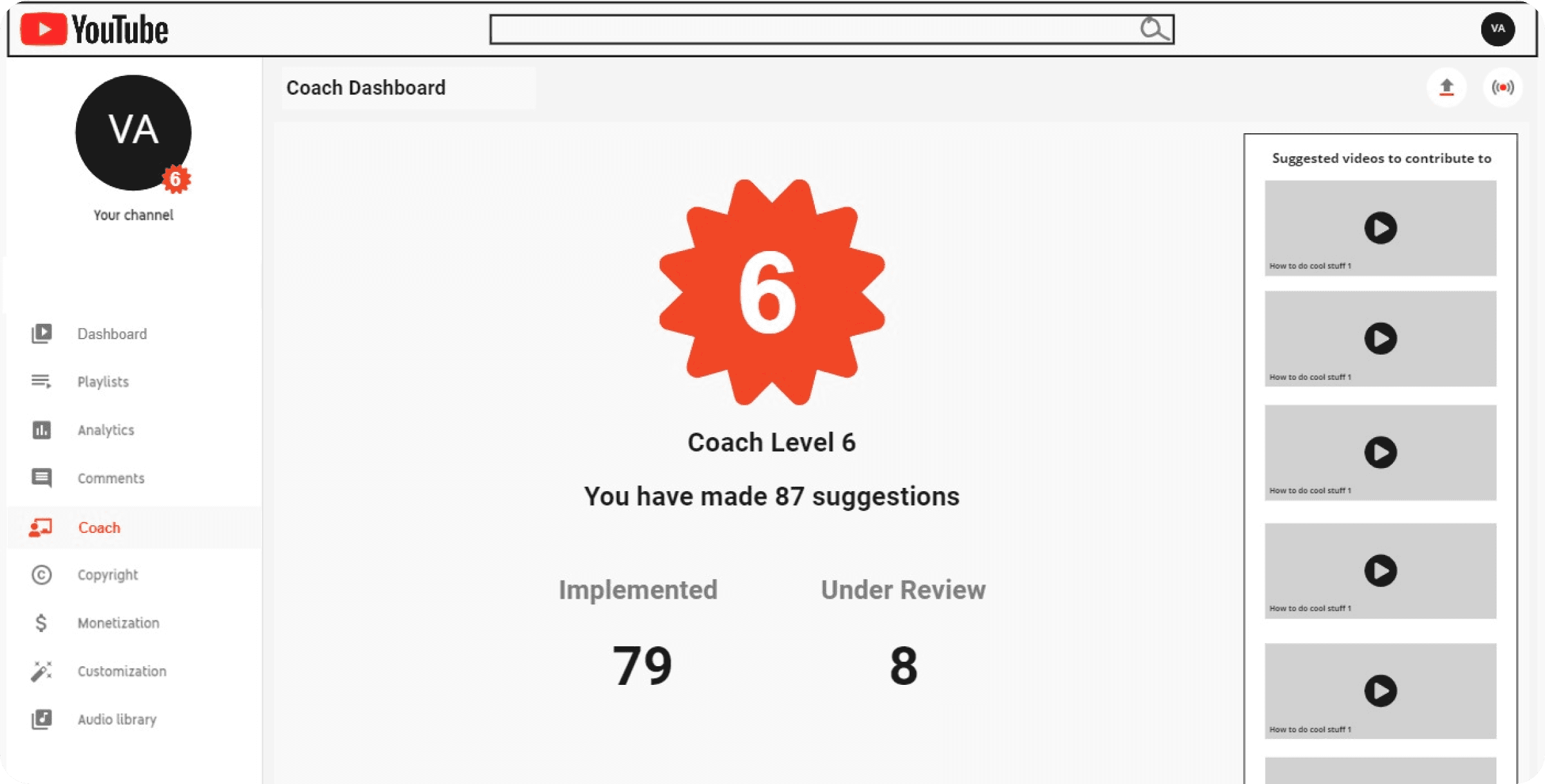 Low-fidelity wireframe of the Coach Dashboard, showing a contributor's level and suggestion counts