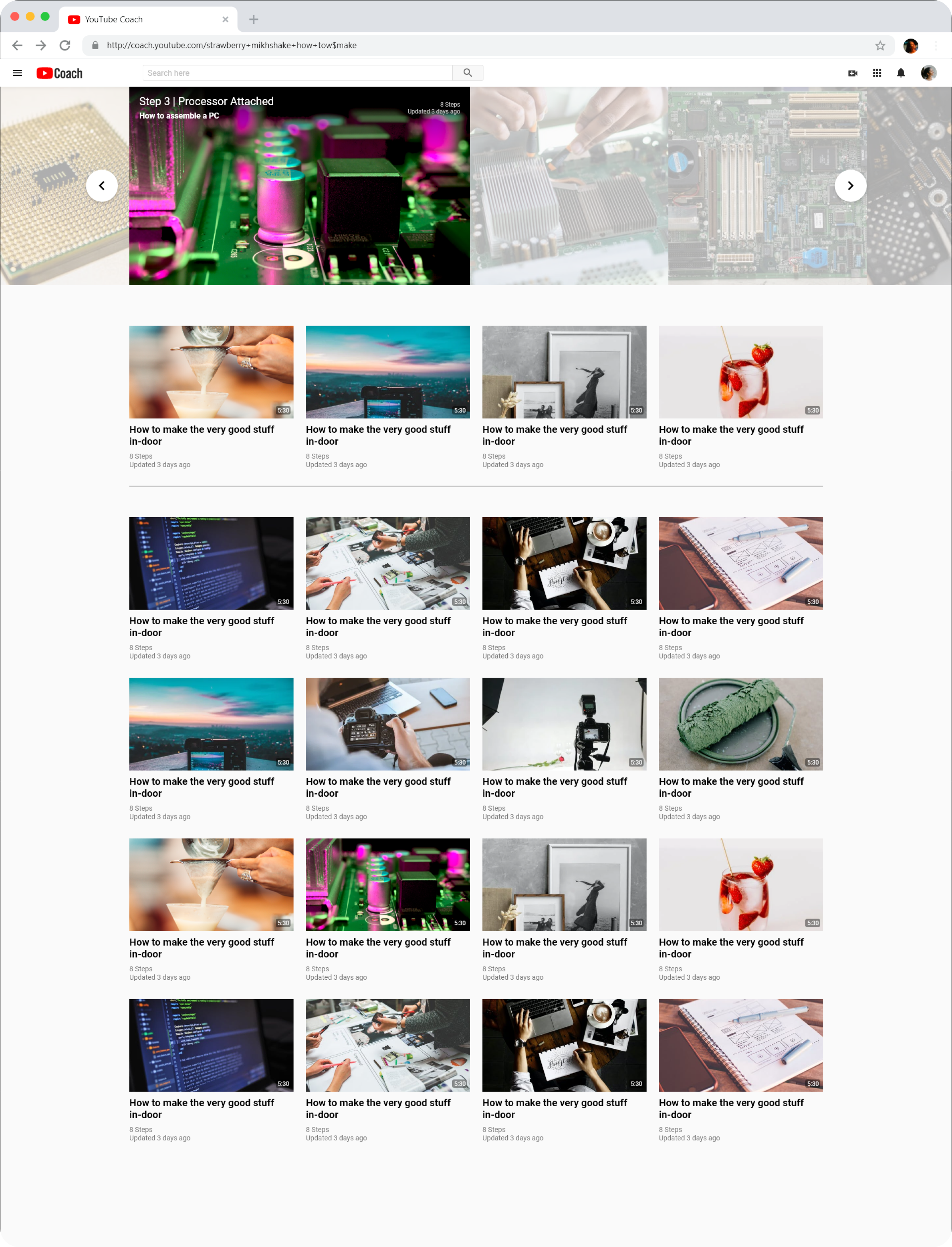 High-fidelity home page with a featured carousel and a grid of instructional videos