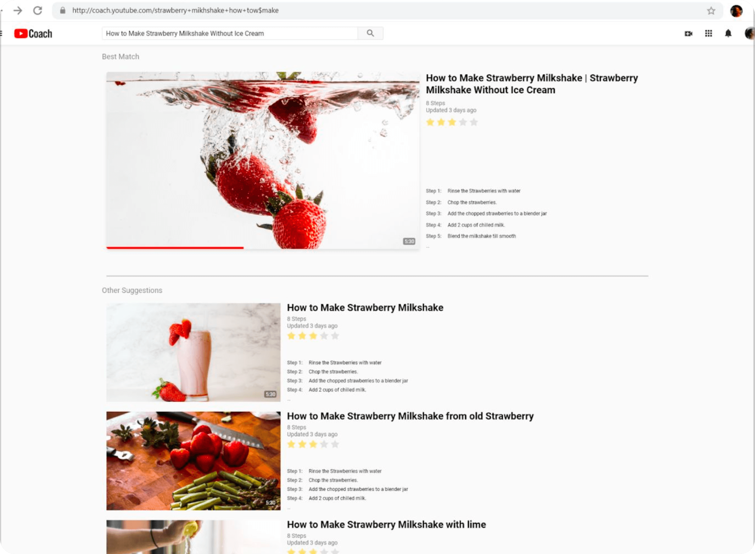 High-fidelity search results for "How to Make Strawberry Milkshake," with a star rating and a step-by-step preview