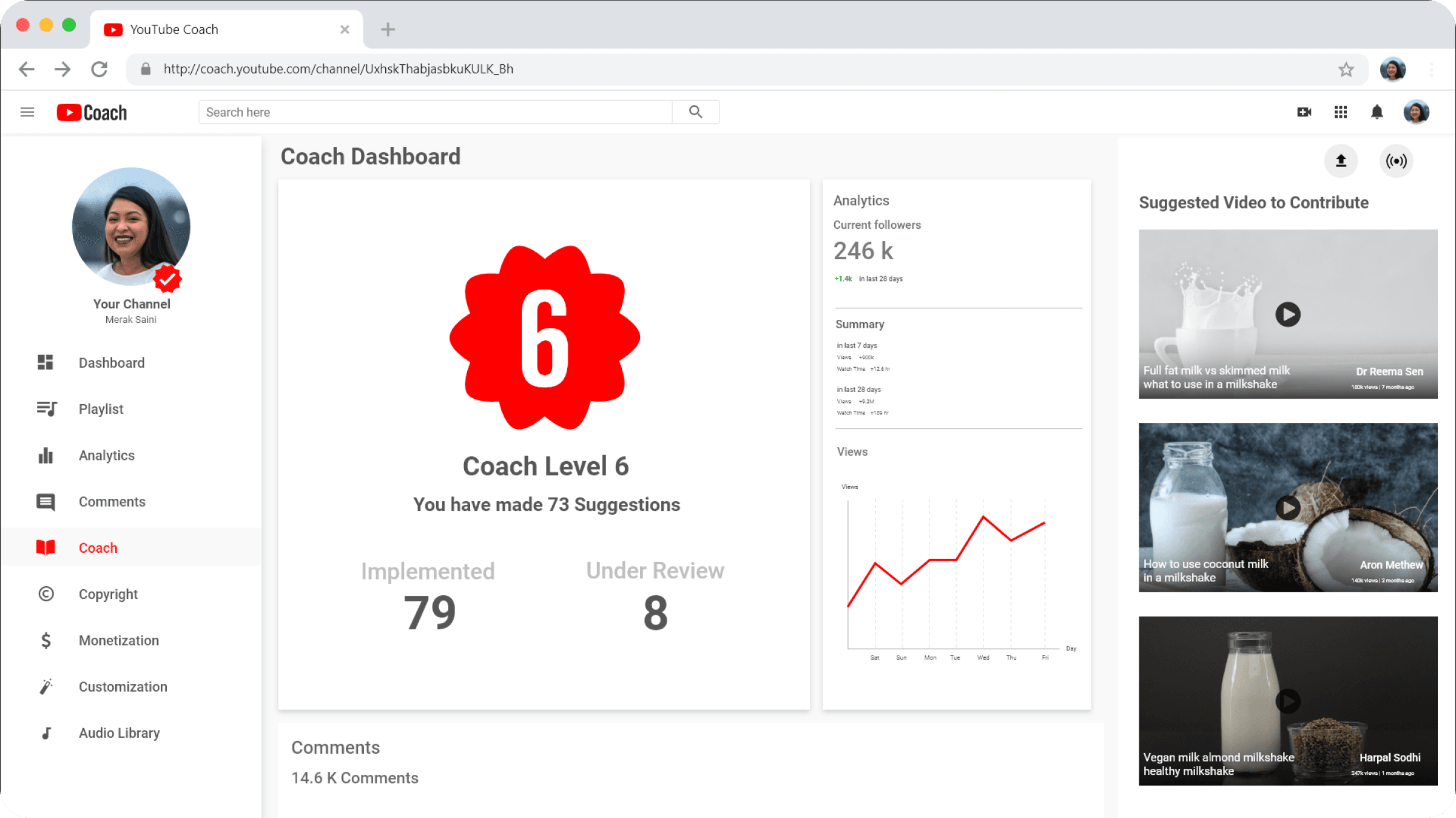 High-fidelity Coach Dashboard with contributor level, follower analytics, and suggested videos to contribute to