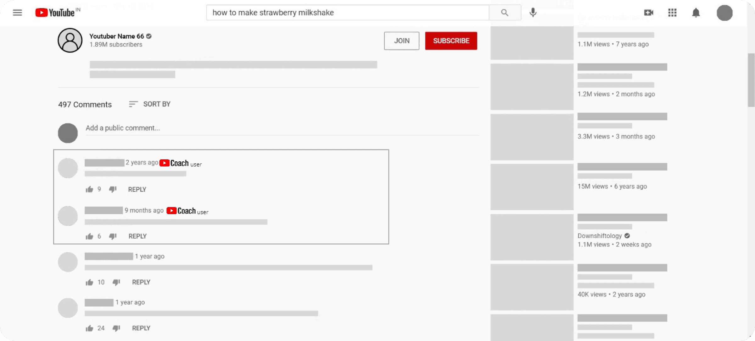 Existing YouTube comments interface, with two comments carrying a "Coach user" badge