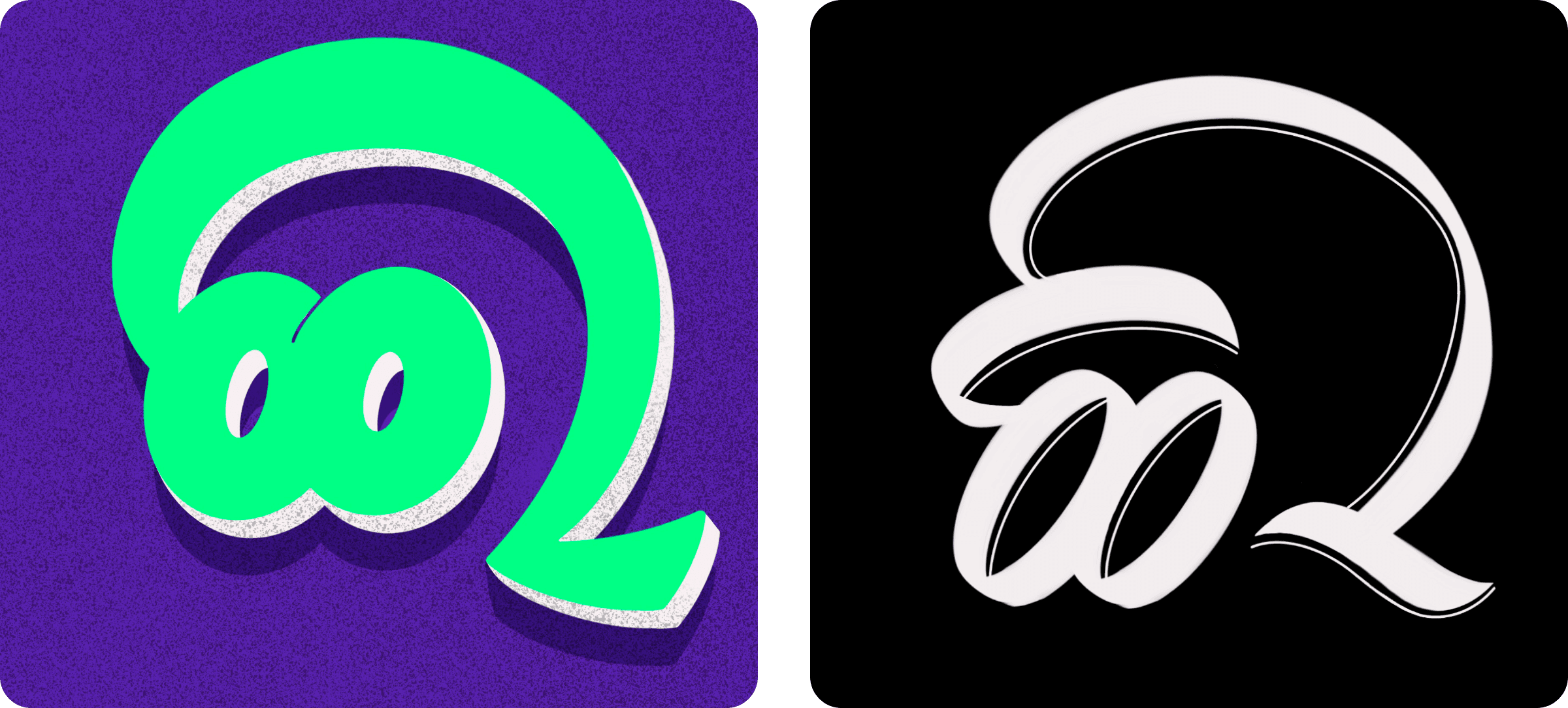 Two exploratory 3D letterform renders — a bold green glyph and a white script-style glyph on black