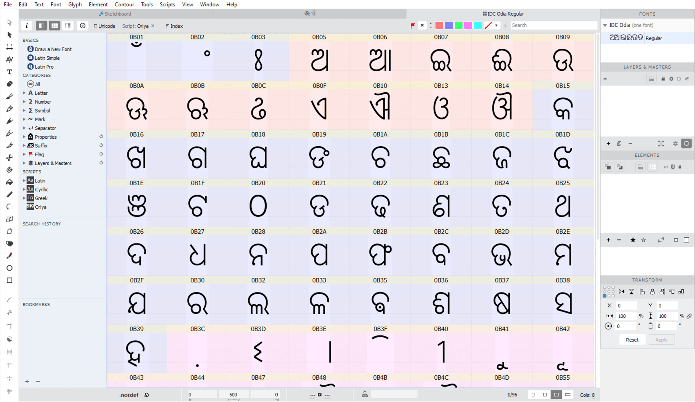 The complete IDC Odia Regular character map in a type design application, organized by Unicode code point