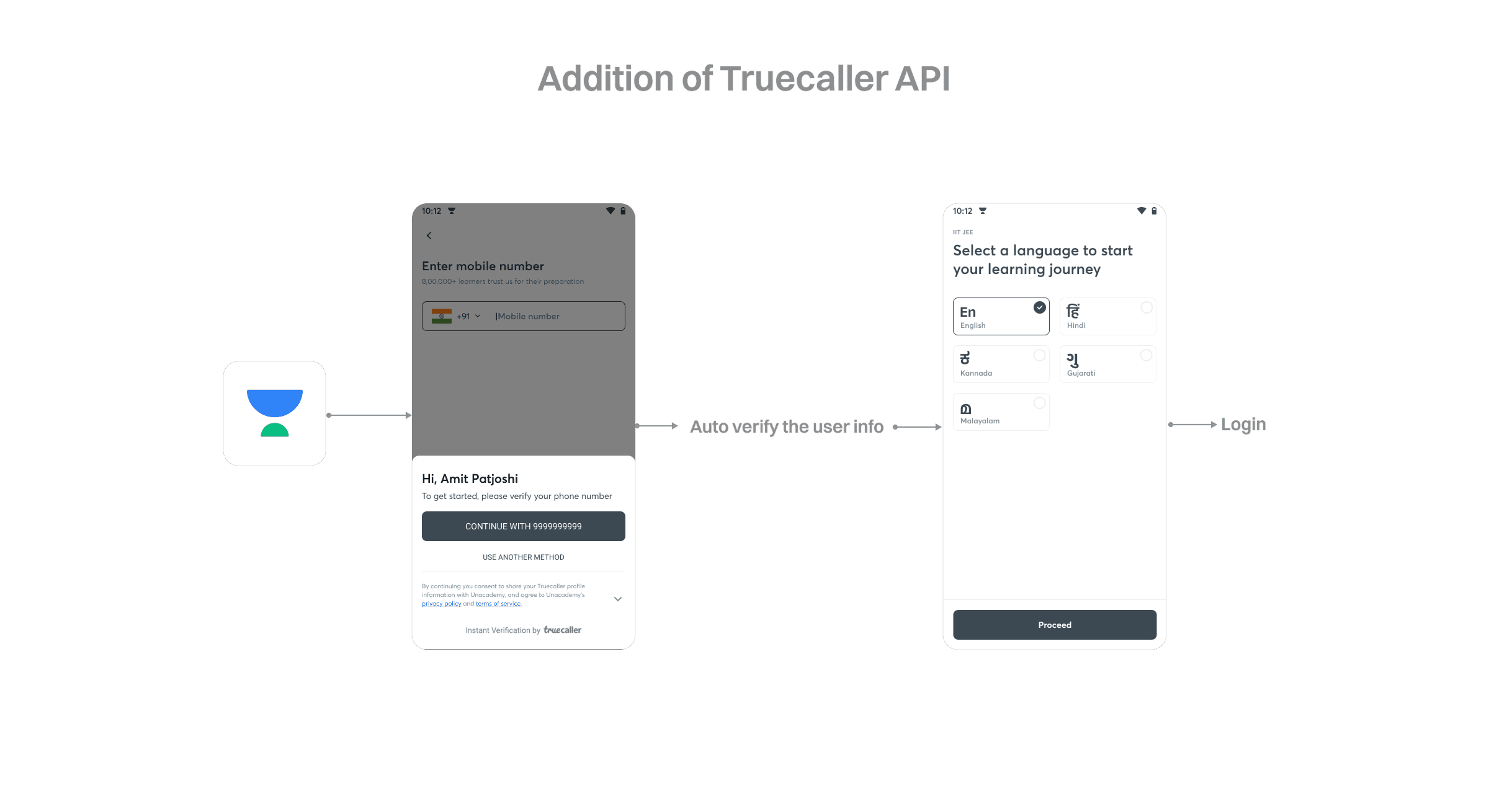 Addition of Truecaller API — mobile number entry auto-verifying into language selection