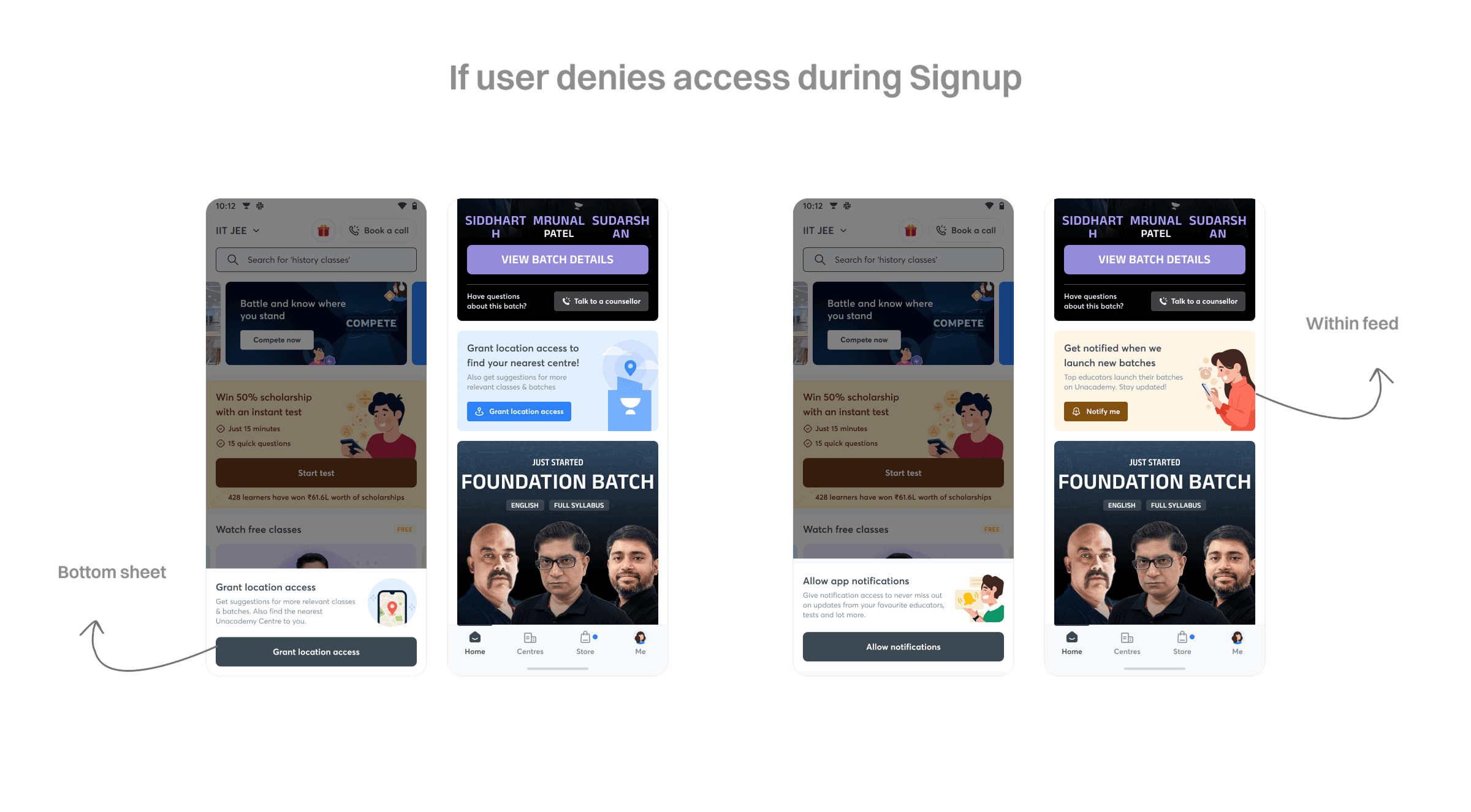If user denies access during signup — bottom-sheet and in-feed prompts nudging users to grant location and notification access