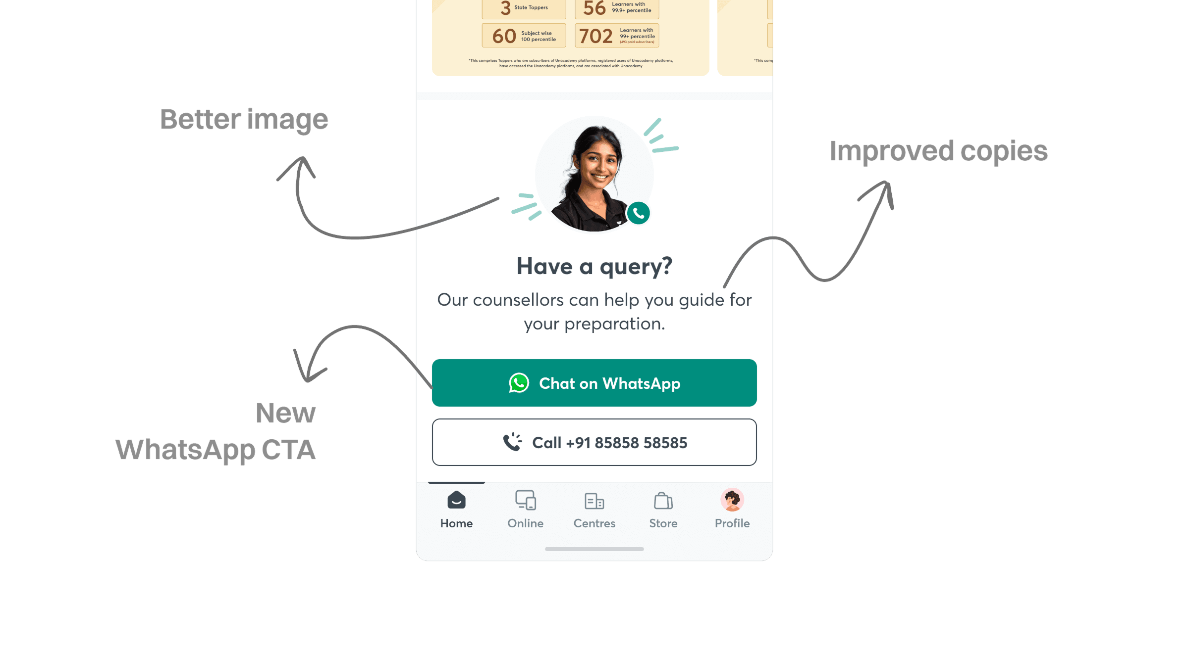 Old query card versus the new counsellor card with WhatsApp and call CTAs