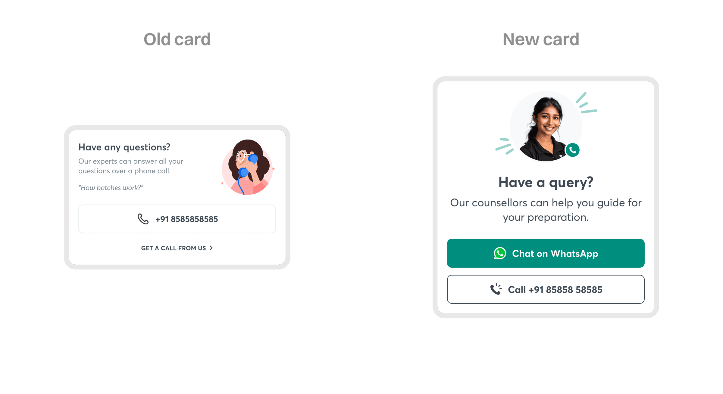 Other variations of the new card — a compact version for other pages and a version with goal-specific copy