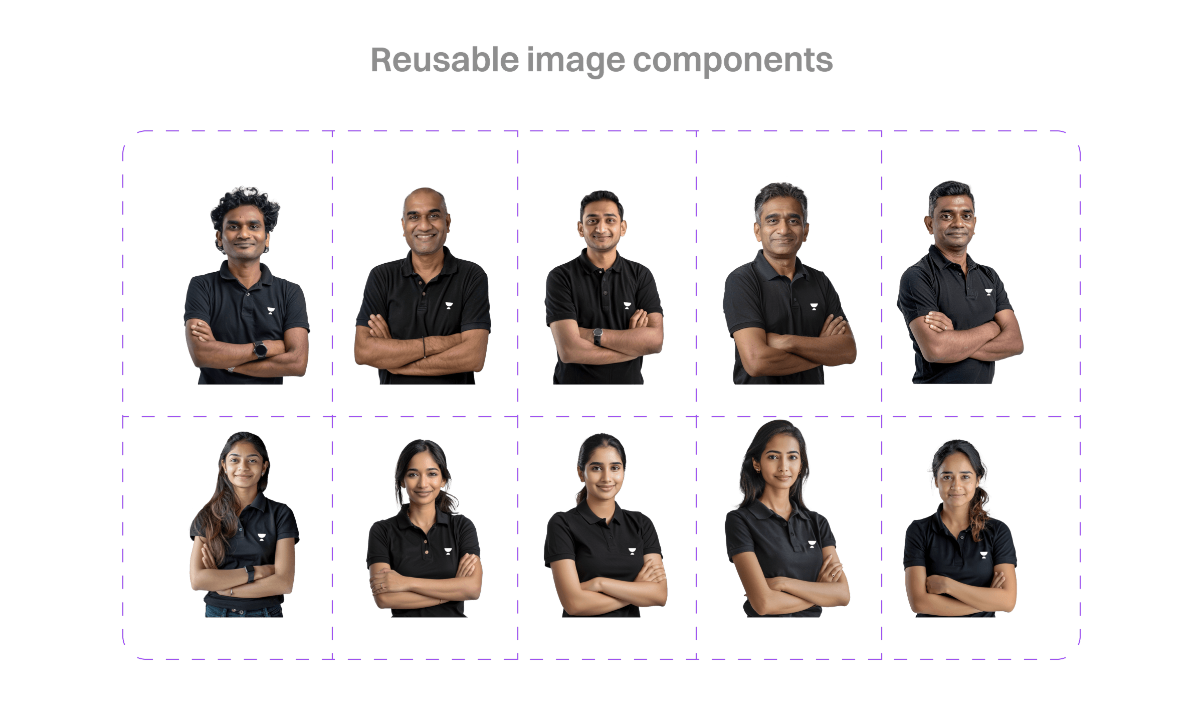 Reusable image components — a grid of AI-generated educator headshots