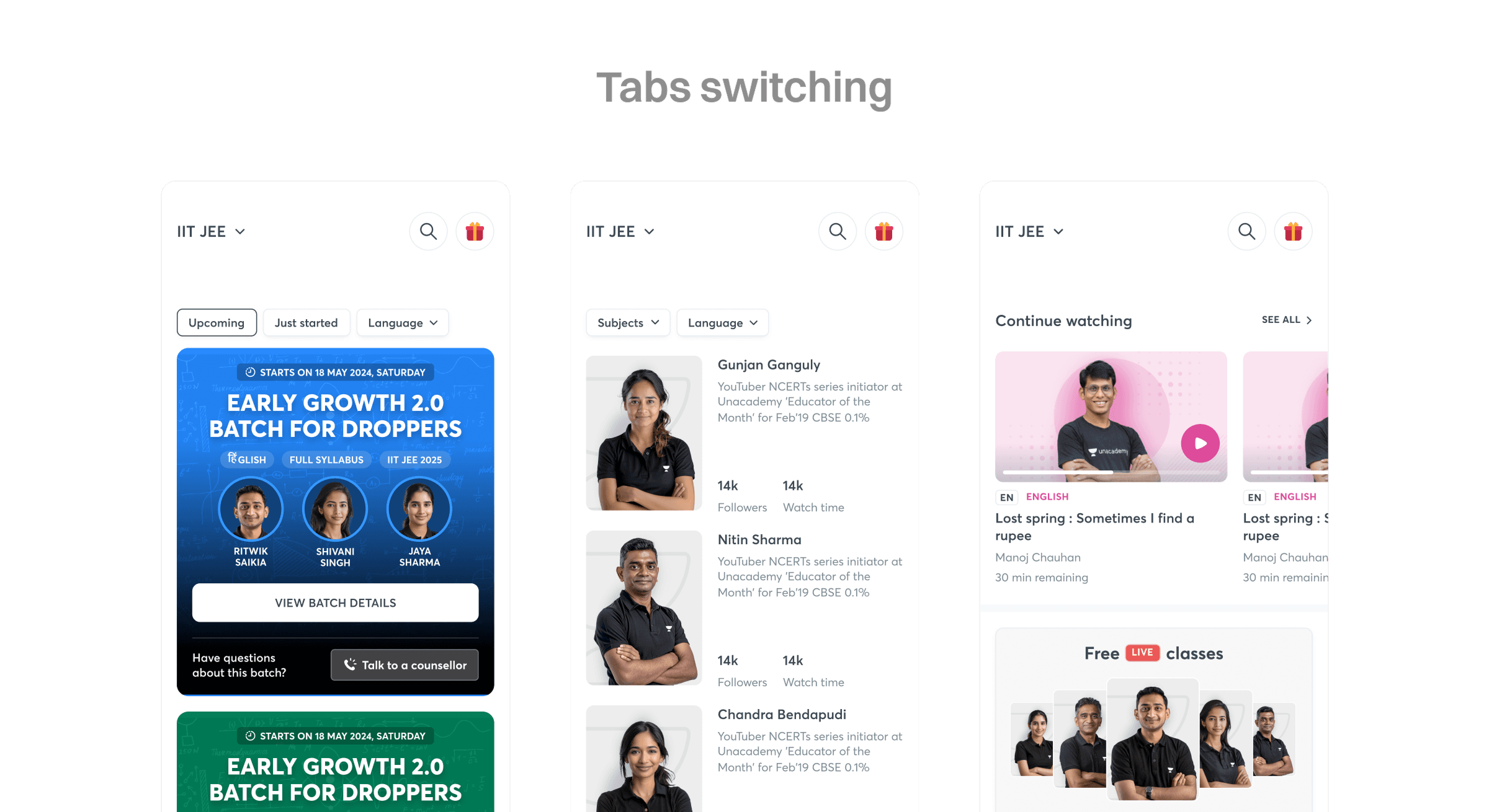 Tabs switching between Batches, Educators, and Videos, each with their own second-level filters