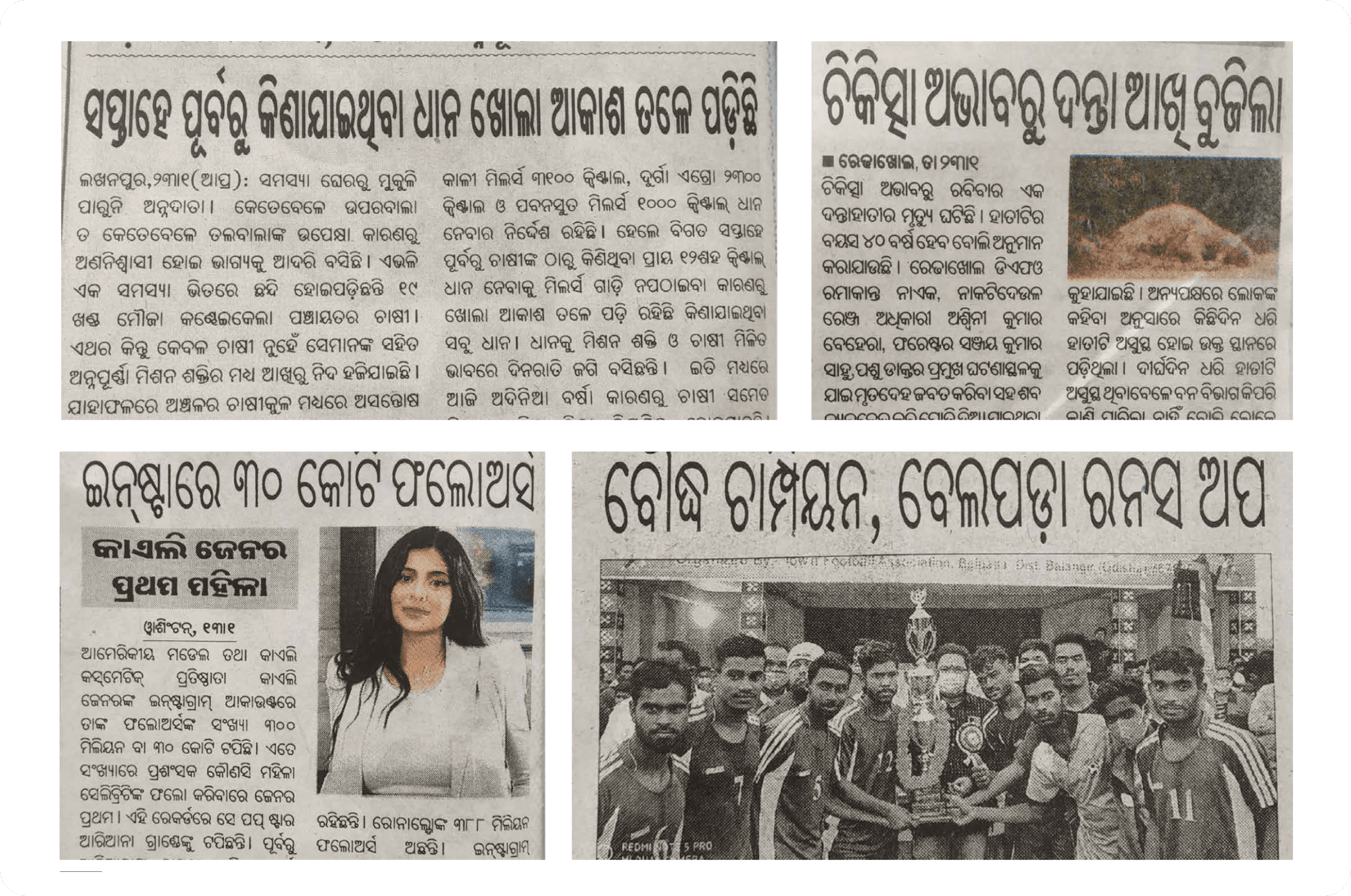 A page of Odia newspaper clippings showing a range of existing headline treatments