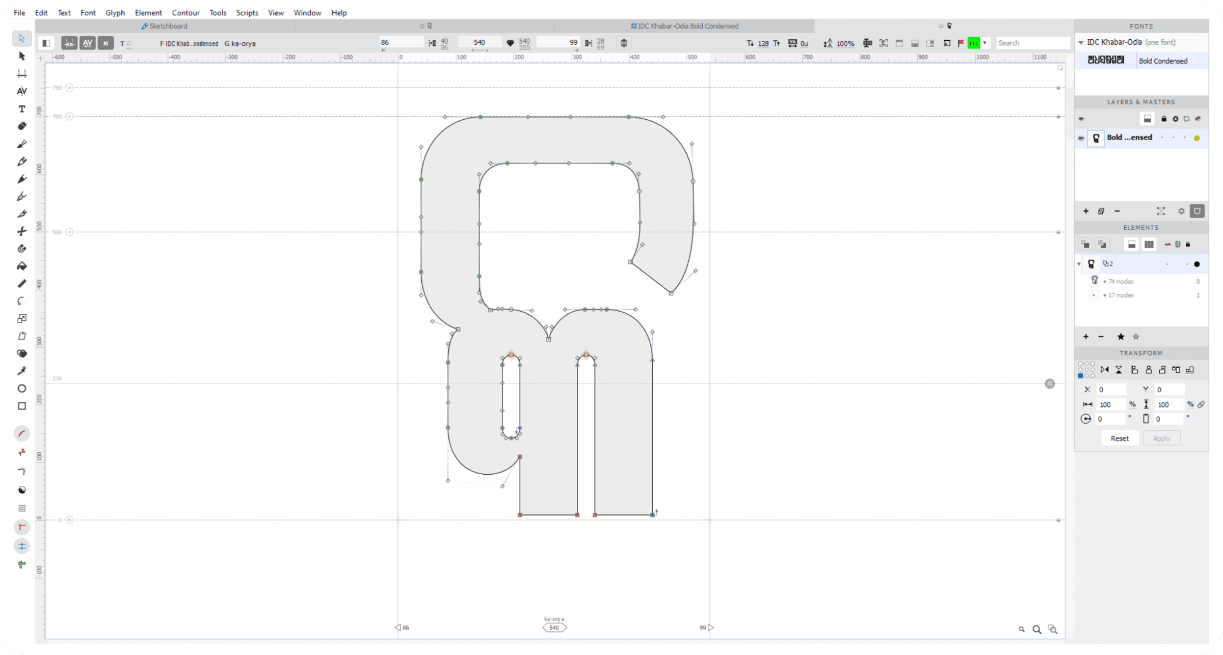 A glyph being edited node-by-node in a type design application