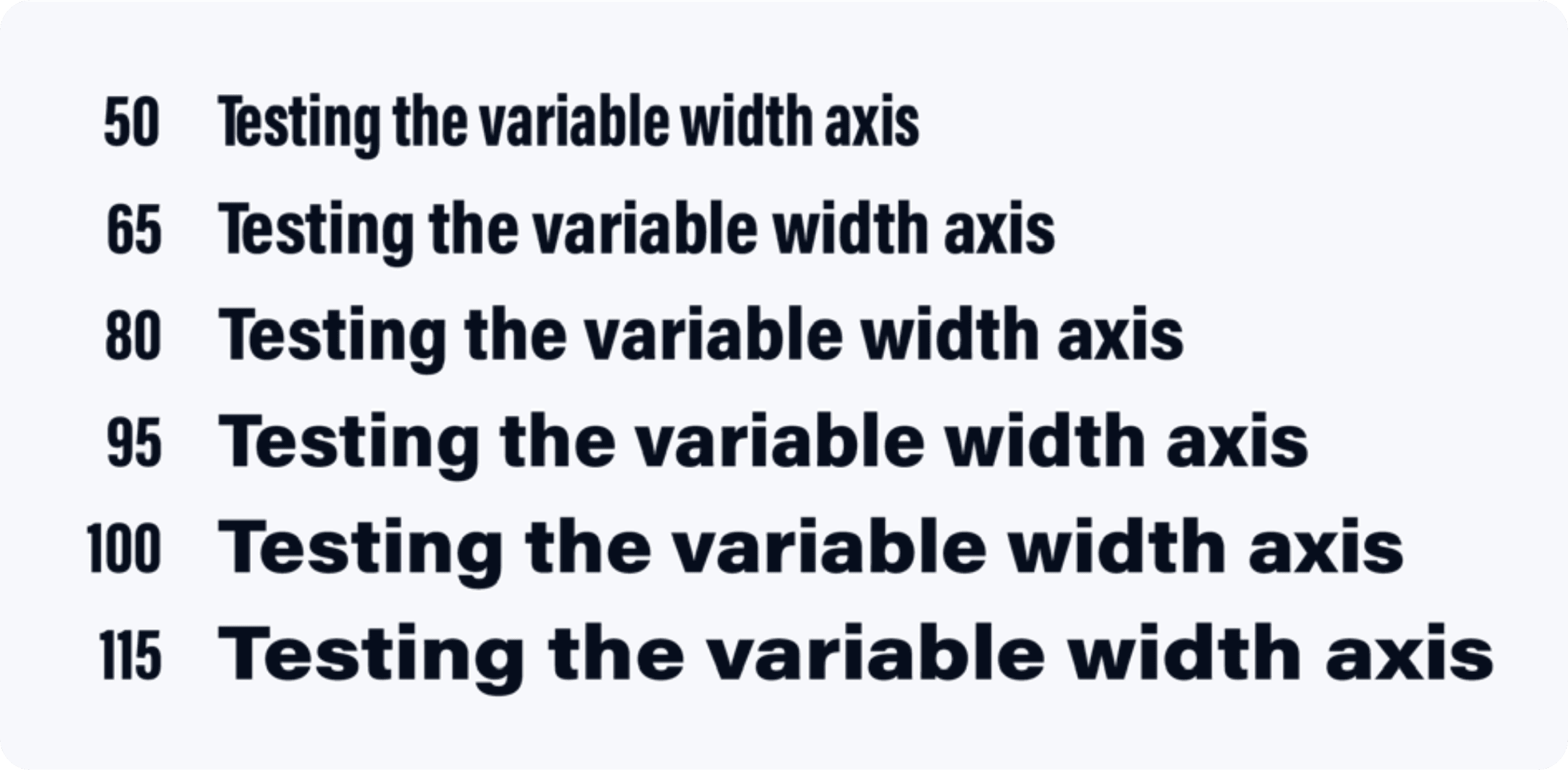 The same headline set across six steps of a variable width axis, from 50 to 115