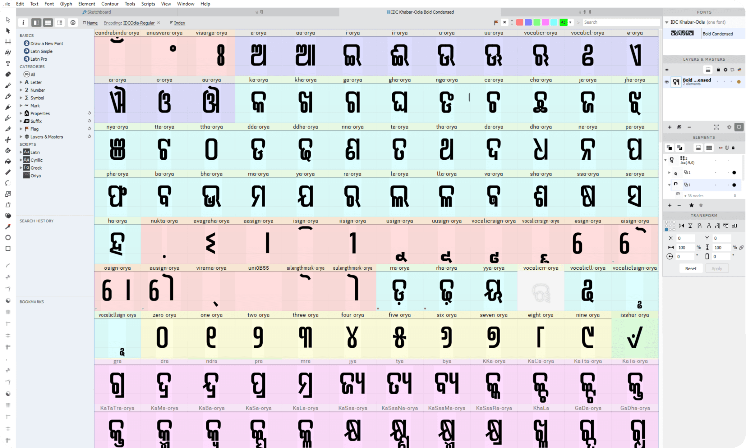 The complete IDC Khabar Odia glyph set laid out in a type design application's character map