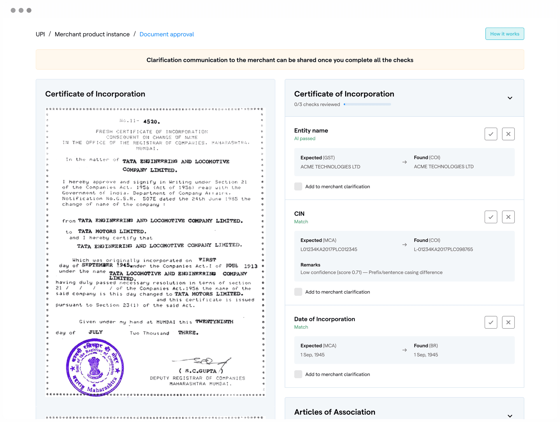 Admin Bridge document approval: a Certificate of Incorporation beside the AI's checks of entity name, CIN and date of incorporation