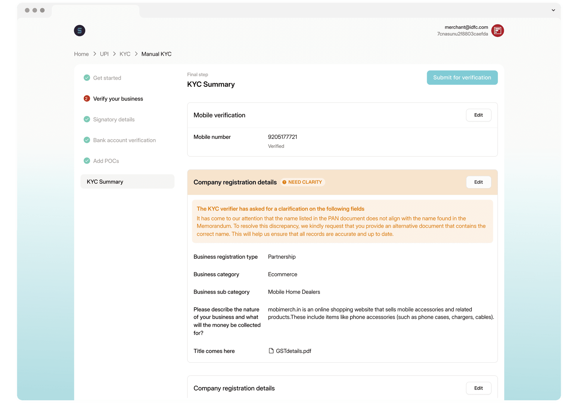 Bridge: the business's KYC summary, showing the same section flagged with the verifier's request and an edit button