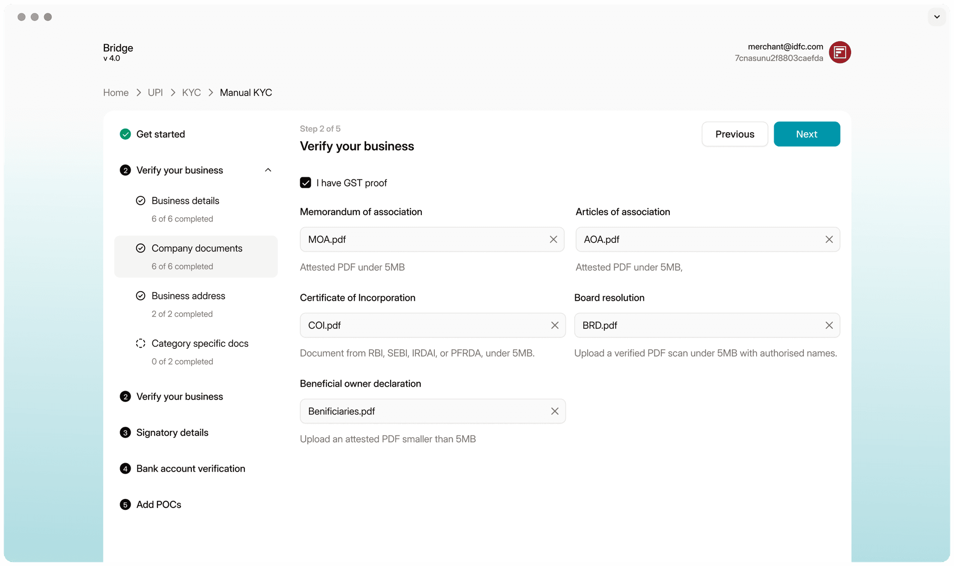 After: the new KYC flow on Bridge, a single stepper through business details, documents, signatories and bank account