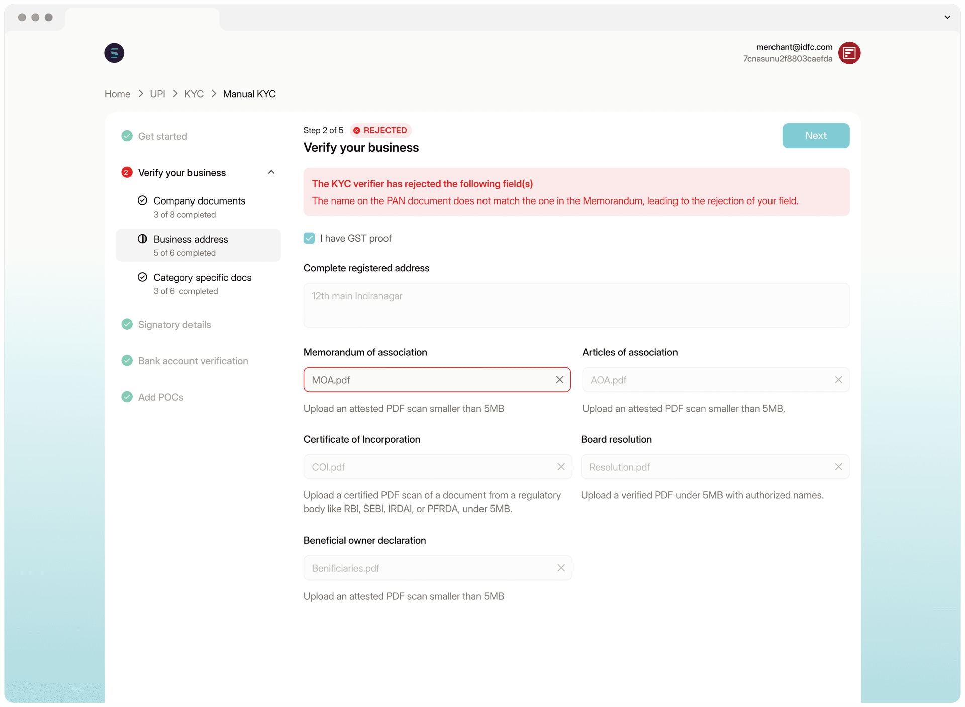 A rejected KYC step in Bridge: the verifier's reason in a red banner at the top, and the mismatched memorandum field outlined in red