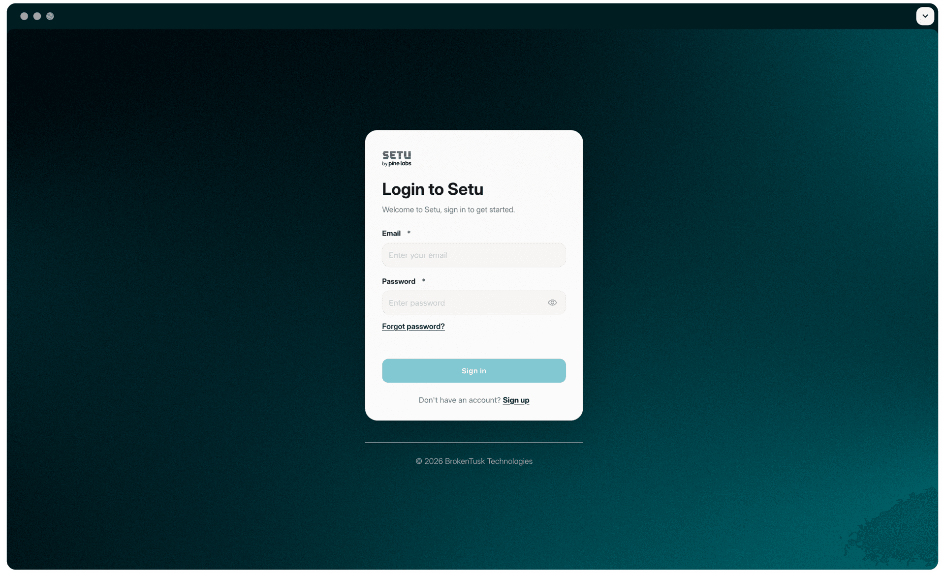 After: the new login, a single card on a dark teal backdrop