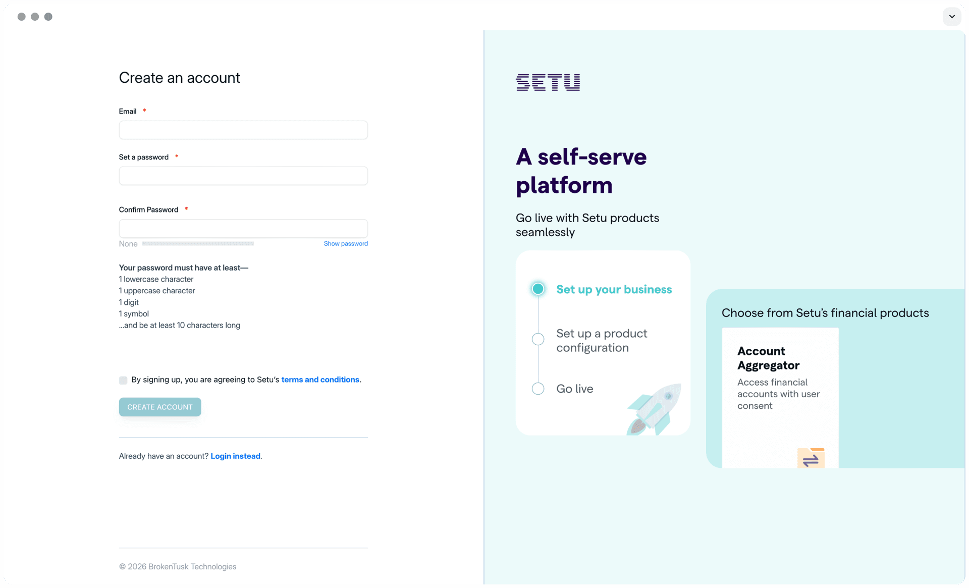 Before: the old sign-up page, a plain form beside a panel of Setu's products
