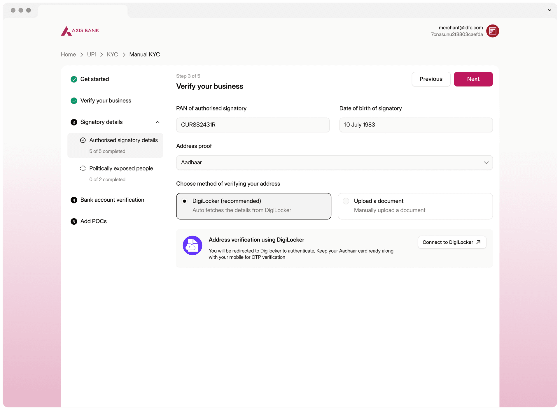 Axis: the same step in Axis Bank's theme, with maroon actions and its logo